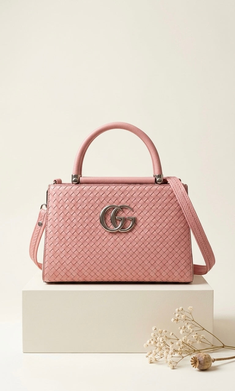 Chic Woven Pink Handbag with Shoulder Strap – Stylish Designer Tote for Women