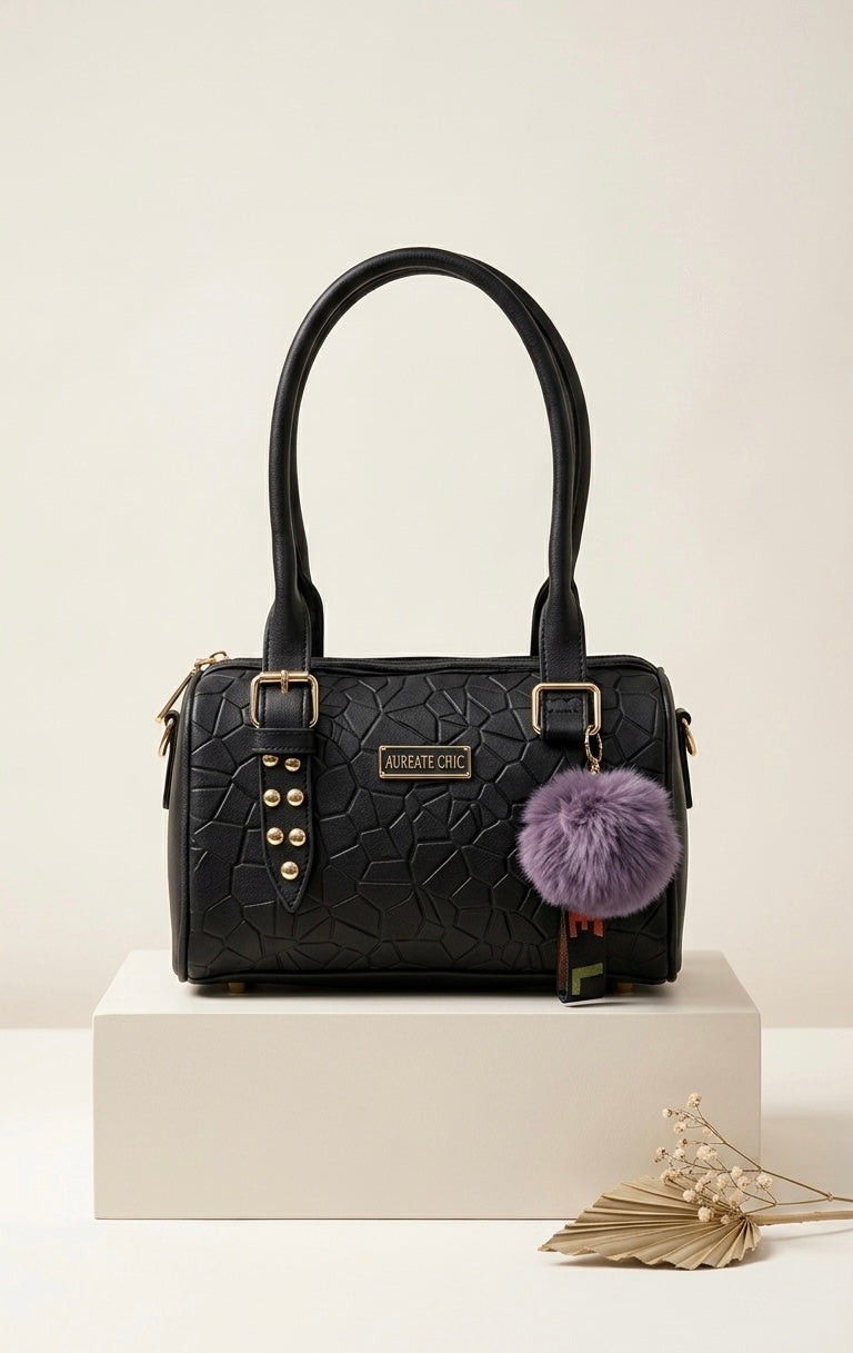 Elegant Textured Leather Handbag with Pom-Pom Charm – Premium Shoulder Bag for Women