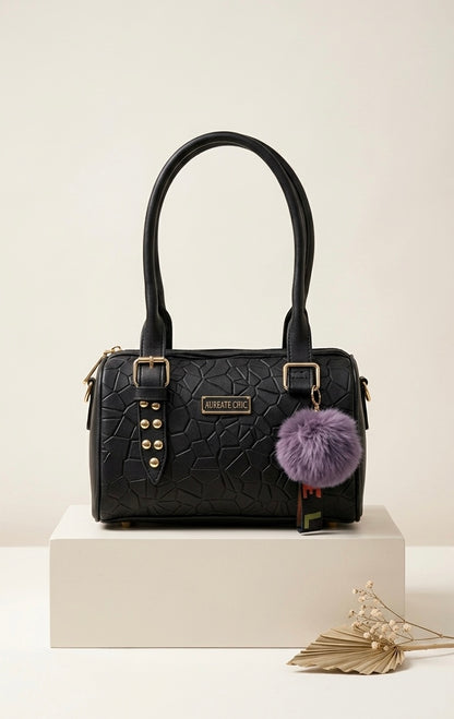 Elegant Textured Leather Handbag with Pom-Pom Charm – Premium Shoulder Bag for Women