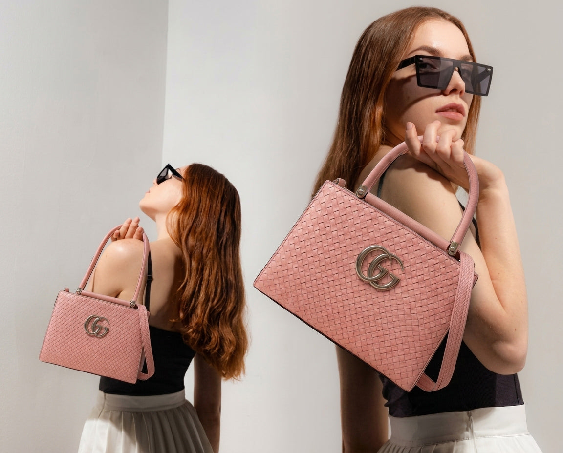 Chic Woven Pink Handbag with Shoulder Strap – Stylish Designer Tote for Women