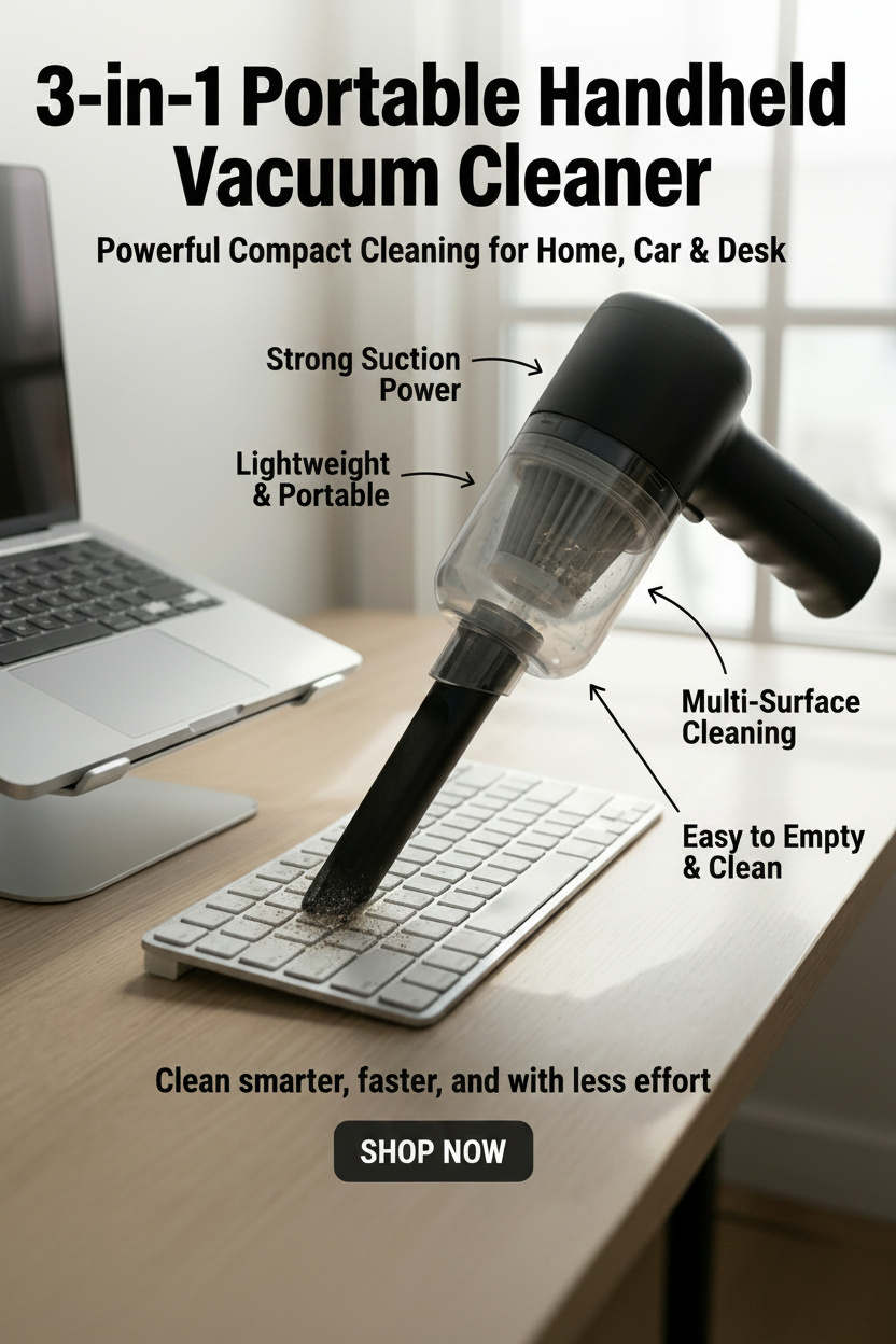 3-in-1 Portable Handheld Vacuum Cleaner – Powerful Compact Cleaning for Home, Car & Desk