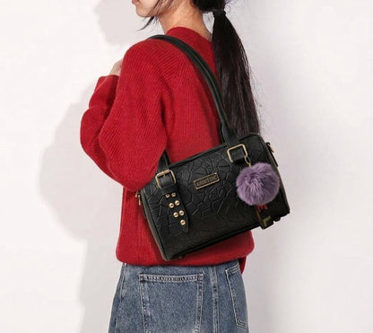 Elegant Textured Leather Handbag with Pom-Pom Charm – Premium Shoulder Bag for Women